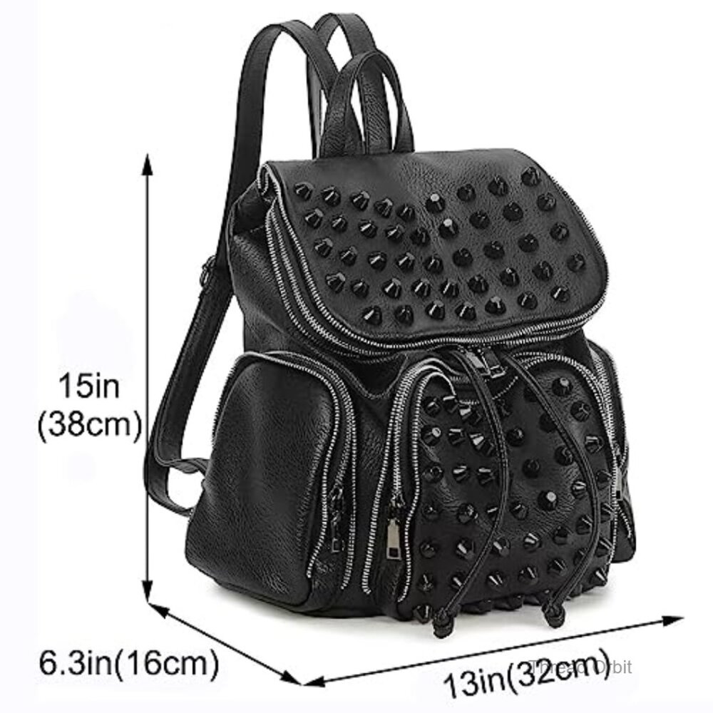 Leather Flap Rivet Backpack Unisex Daypack with Adjustable Straps - Picture 2 of 7